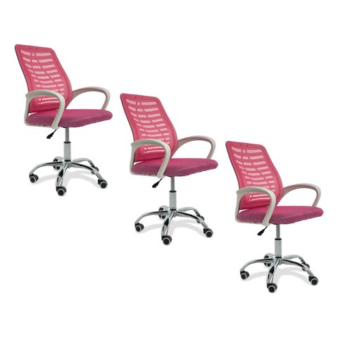 Kit 3 Cadeiras de Escritório Esteirinha Mesh Ergonômica - Rosa