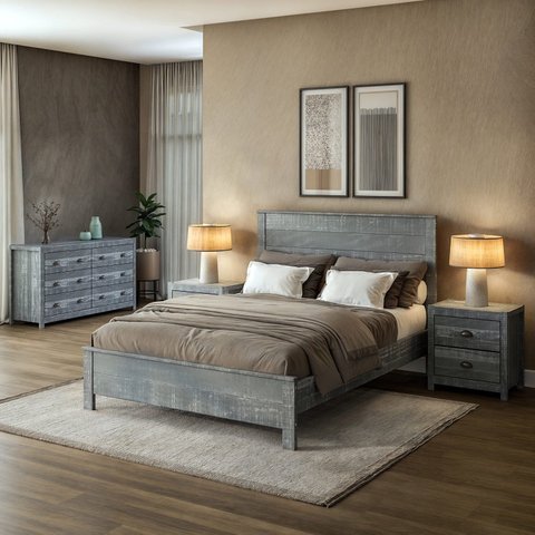 Cama Queen Rústica de Madeira Maciça - Cinza