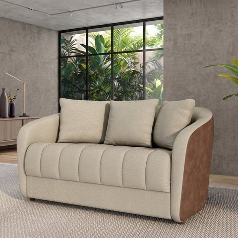 Sofá Living 152cm Linho Bege Caramelo 2 Lugares com 3 Almofadas Abba