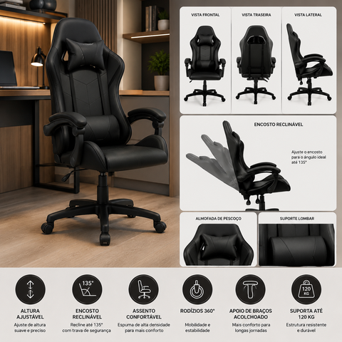 Cadeira Gamer Couro Giratória Tr-max - Preto