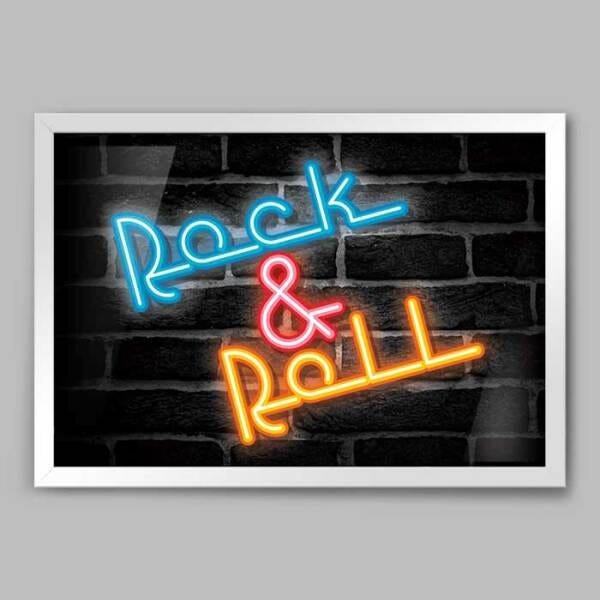 Quadro Frase Rock'n'Roll Neon Style - 45x30cm - Moldura Caixa Branco - 1