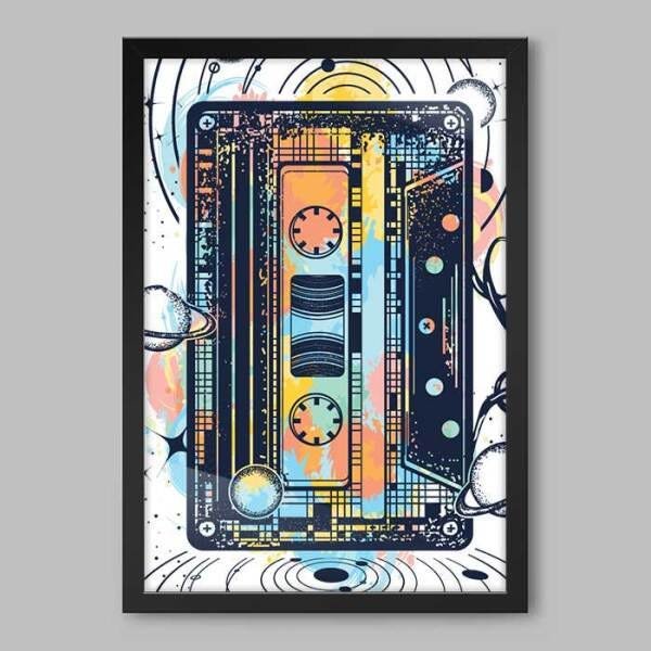 Quadro Cassette Tape Color - 45x30cm - Moldura Caixa Preto - 1