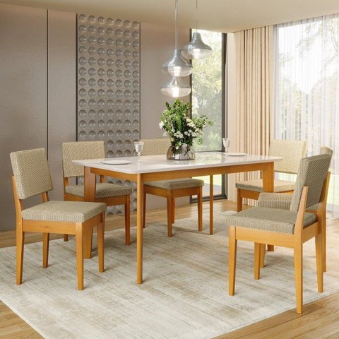 Conjunto Sala de Jantar Siera 6 Lugares Retangular Madeira Maciça Miami Natural/Cerejeira/Focus