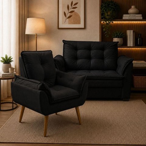 Conjunto de Sofá e Poltrona 2 Lugares 140cm Preto Suede Porto Estofados