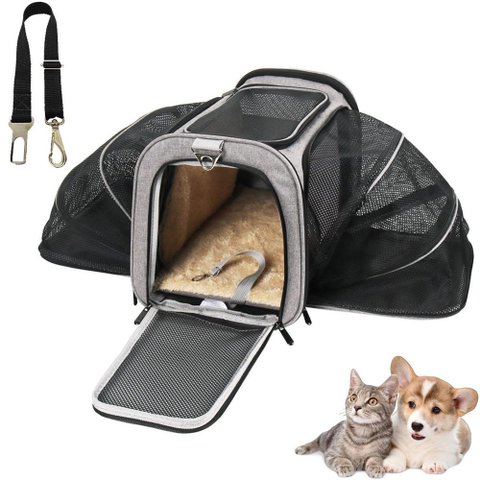 Kit Bolsa Pet Expansivel Transporte Viagem Cachorros e Gatos Cinza e Cinto de Segurança - Duke & Dix
