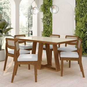 Mesa Sion 1,60 com 6 Cadeiras Sextavada Freijó/off/corino Branco - M.a Freijó/off Premium/corino