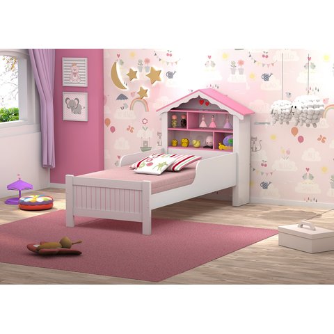 Cama Solteiro Montessoriana Princesa Meninas Grade Proteção Prateleiras com Colchão Cor Branco/rosa