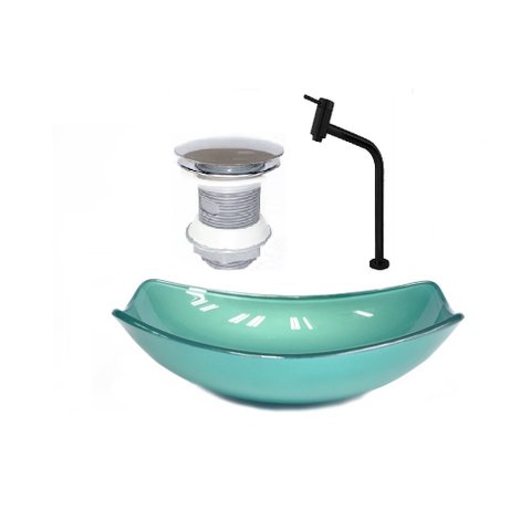 CUBA DE VIDRO OVAL CHANFRADA 46CM VERDE + VALVULA + TORNEIRA METAL PRETA