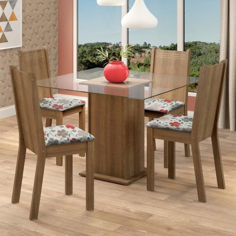 Conjunto Sala de Jantar Madesa Maya Mesa Tampo de Vidro com 4 Cadeiras - Rustic/floral Hibiscos