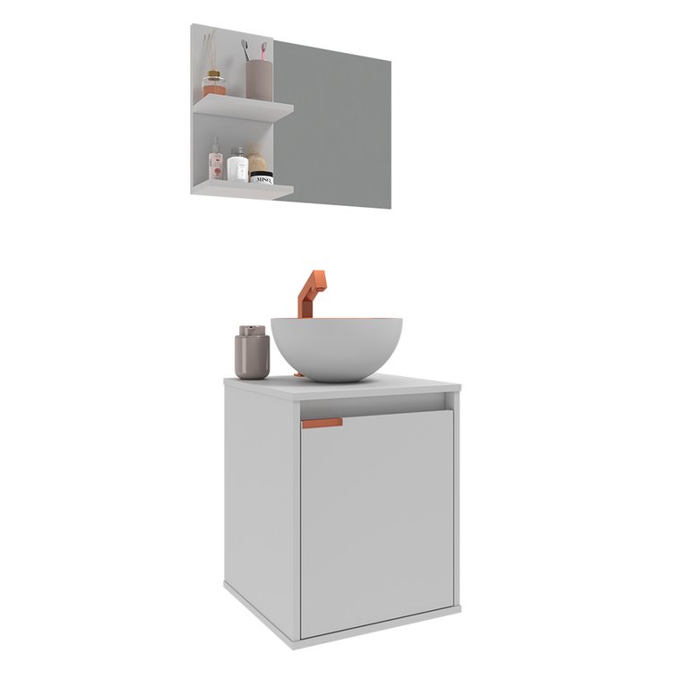 Kit Gabinete para Banheiro com Cuba e Espelheira Box Branco com Cobre