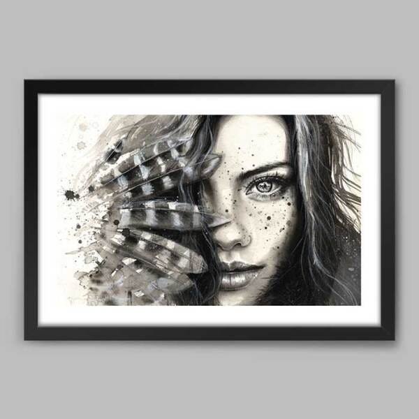 Quadro Ilustração Realista Mulher Cocal - 45x30cm - Moldura Caixa Preto - 1