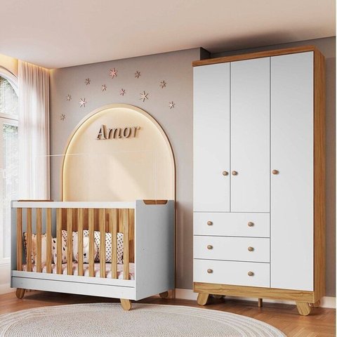 Quarto de Bebê Guarda Roupa Berço Minicama 4 em 1 Levy MDF Espresso Móveis Amêndoa/Branco Brilho