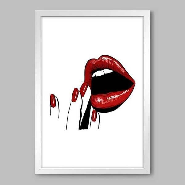 Quadro Lábios Carmim - 45x30cm - Moldura Caixa Branco - 1