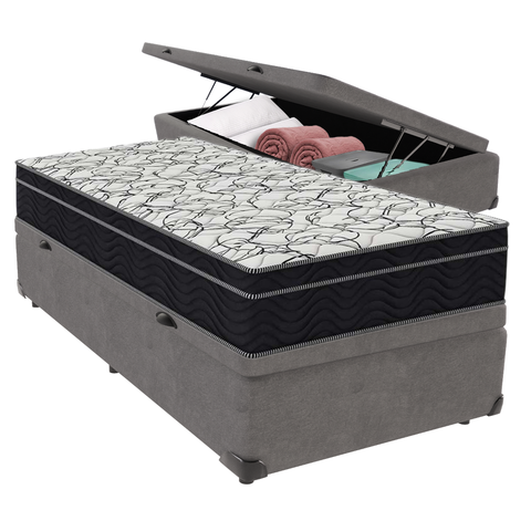 Cama Box Baú Cinza e Colchão Airtech 150 Espuma D45 Solteiro Ortobom
