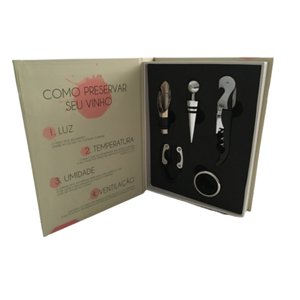 Kit vinho 5 Peças Inox em Livro Decorativo Capa Bege/Coral/Gold