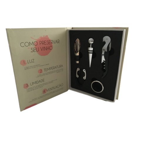 Kit Vinho 5 Peças Inox em Livro Decorativo Capa Bege/coral/gold