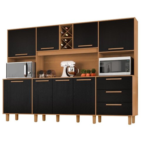 Kit Cozinha 8 Portas 3 Gavetas 242 cm Polar Cinamomo Preto Zanz