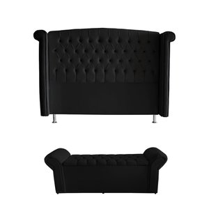 Kit Realeza Cabeceira de Cama Box e Calçadeira Baú Casal 140 Cm Suede Preto Eli Móveis