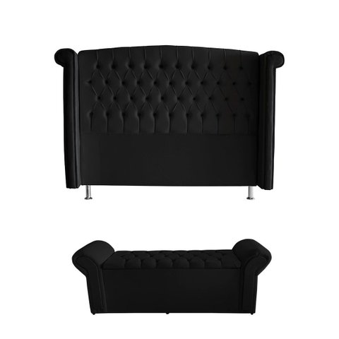 Kit Realeza Cabeceira de Cama Box e Calçadeira Baú Casal 140 Cm Suede Preto Eli Móveis