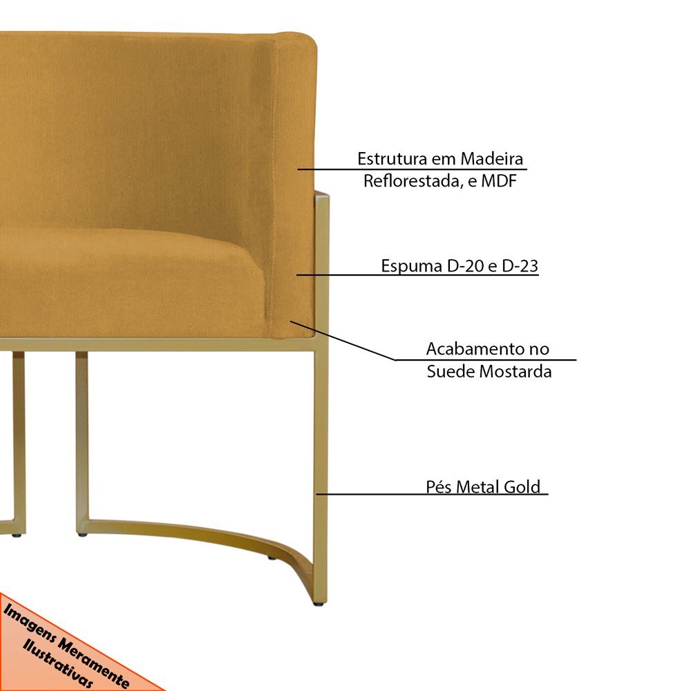 Kit 3 Poltronas Decorativa Sala de Estar Luana Base Gold Suede Mostarda - Montanaris Decor Md Montan - 6