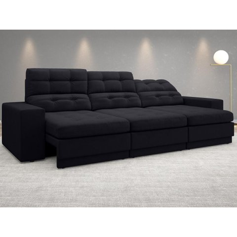 Sofá Jobim 2,30m Assento Retrátil e Reclinável Velosuede - Netsofas - Preto
