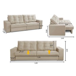 Sofá Retrátil e Reclinável 2 Lugares 1,50m com Molas Melissa Suede Bege Rover & Beato - 3