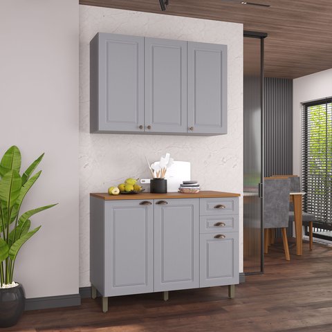 Cozinha Modulada 2 Peças Balcão com Tampo e Armário Aéreo 100% MDF Bari Cinza/Titanio Fosco