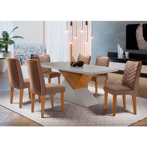 Mesa Aster 180 Tampo em MDF Canto Reto com 6 Cadeiras Liz Moderna