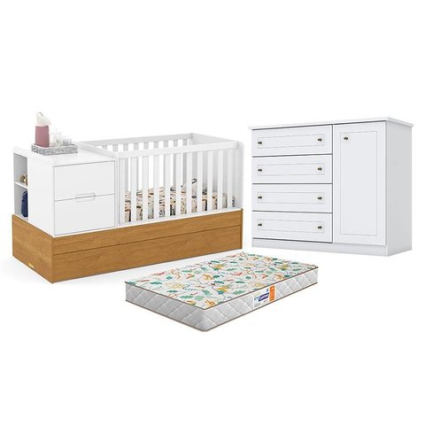 Berço Americano Multifuncional Formare Branco Freijó - Matic e Cômoda Infantil Americano Branco Hp e