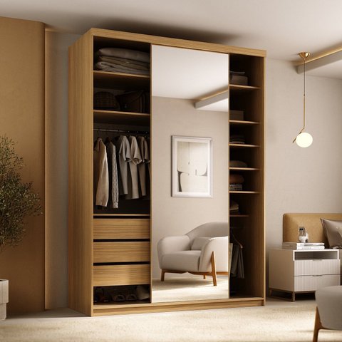 Guarda-Roupa Solteiro 100% MDF 139,5cm com 1 Porta Espelho 3 Gavetas Closet Sion Marrom/Nogueira