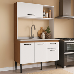 Cozinha Completa Compacta Armário Mdp Marrom Freijó e Branco - 1