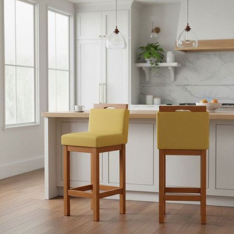 Kit 2 Banqueta Alta de Madeira Aurora Balcão Cozinha Bistro com Encosto Suede Amarelo