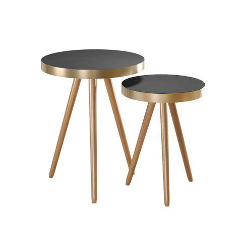 Kit 2 Mesa Lateral Lisa Mdf Preto | Aço Dourado - Sallar Home