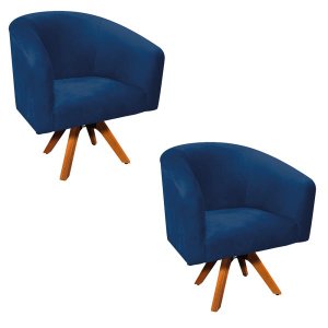 Kit 2 Poltronas Giratória Stella Suede Azul Marinho Base Madeira Mm30 - D'Rossi