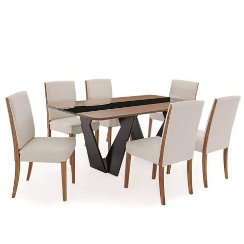 Conjunto Mesa de Jantar Dinant Vidro e Base Preta + Cadeiras Halle Encosto Estofado - 67642