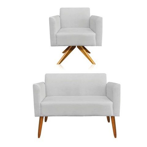 Kit 01 Namoradeira e 01 Poltrona Marisa Suede Cinza Base Giratória Madeira MA30 D'Rossi