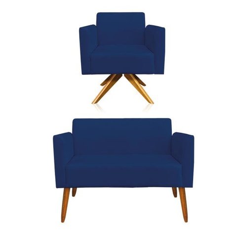 Kit 01 Namoradeira e 01 Poltrona Marisa Suede Azul Marinho Base Giratória Madeira MA30 D'Rossi