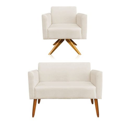 Kit 01 Namoradeira e 01 Poltrona Marisa Suede Bege Base Giratória Madeira MA30 D'Rossi