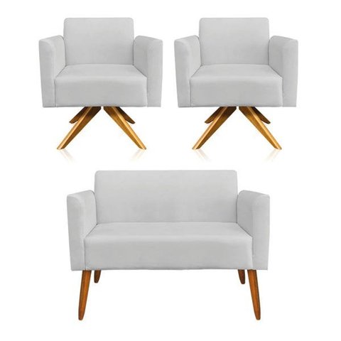 Kit 01 Namoradeira e 02 Poltronas Marisa Suede Cinza Base Giratória Madeira MA30 D'Rossi