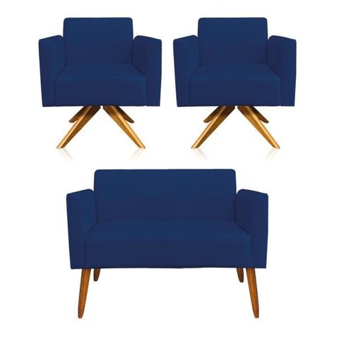 Kit 01 Namoradeira e 02 Poltronas Marisa Suede Azul Marinho Base Giratória Madeira MA30 D'Rossi