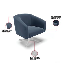 Poltrona Giratória Stella Suede Azul Marinho Base Cromada - D'Rossi - 7