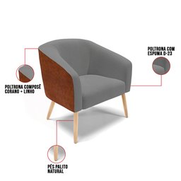 Kit 2 Poltronas Stella Corano Nozes Cr02 com Linho Cinza A26 Pés Palito Castanho - 7