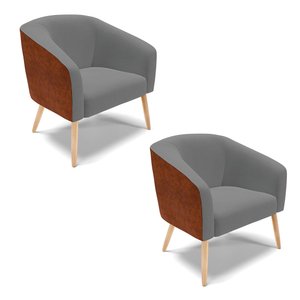 Kit 2 Poltronas Stella Corano Nozes Cr02 com Linho Cinza A26 Pés Palito Castanho