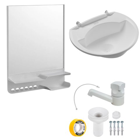 Armário Banheiro Espelheira Sobrepor Branco 26,5x6,5x34,8cm + Pia Lavatório Plástico
