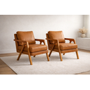 Ver imagem 1 de Kit 2 Poltronas Mona Luxo Madeira Maciça Corino Caramelo para Sala de Estar Decorativa Moderna