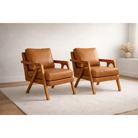 Kit 2 Poltronas Mona Luxo Madeira Maciça Corino Caramelo para Sala de Estar Decorativa Moderna