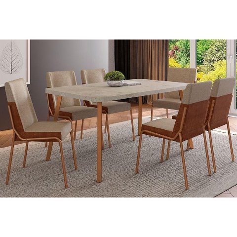 Conjunto: Mesa Sala Jantar Stellar 1597 Aço C/ Tampo Madeirado 160x90cm e 6 Cadeiras Hug Rose/petra