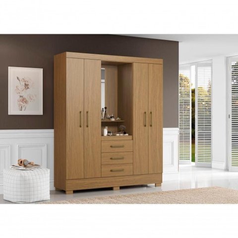 Roupeiro Casal Paris 4 Portas 3 Gavetas MDF com Espelho Atacama Aramóveis 163.2cm