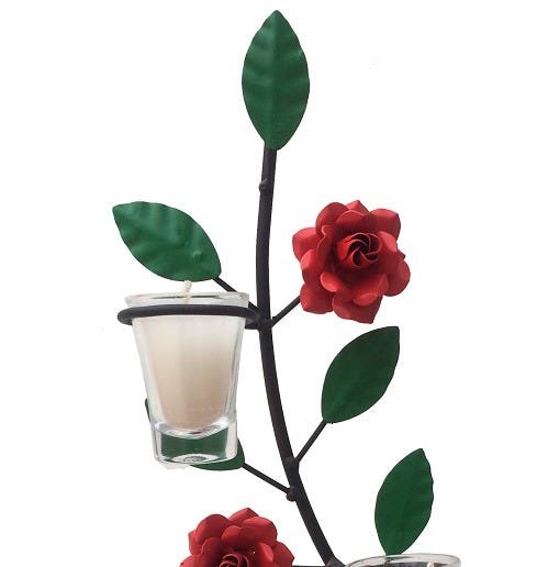 Castiçal de Vela Decorativo Rústico em Ferro para Sala com Flores e Folhas - Vermelho Claro - 5