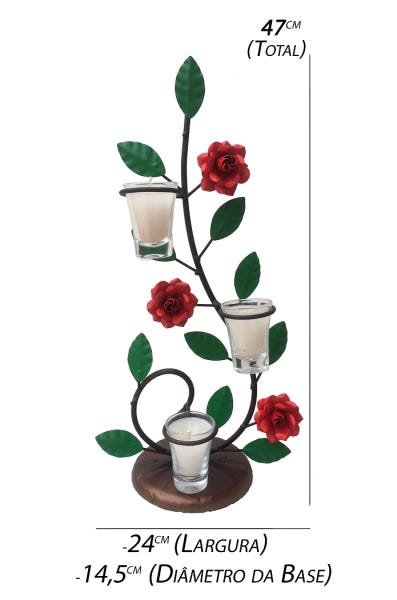 Castiçal de Vela Decorativo Rústico em Ferro para Sala com Flores e Folhas - Vermelho Claro - 2